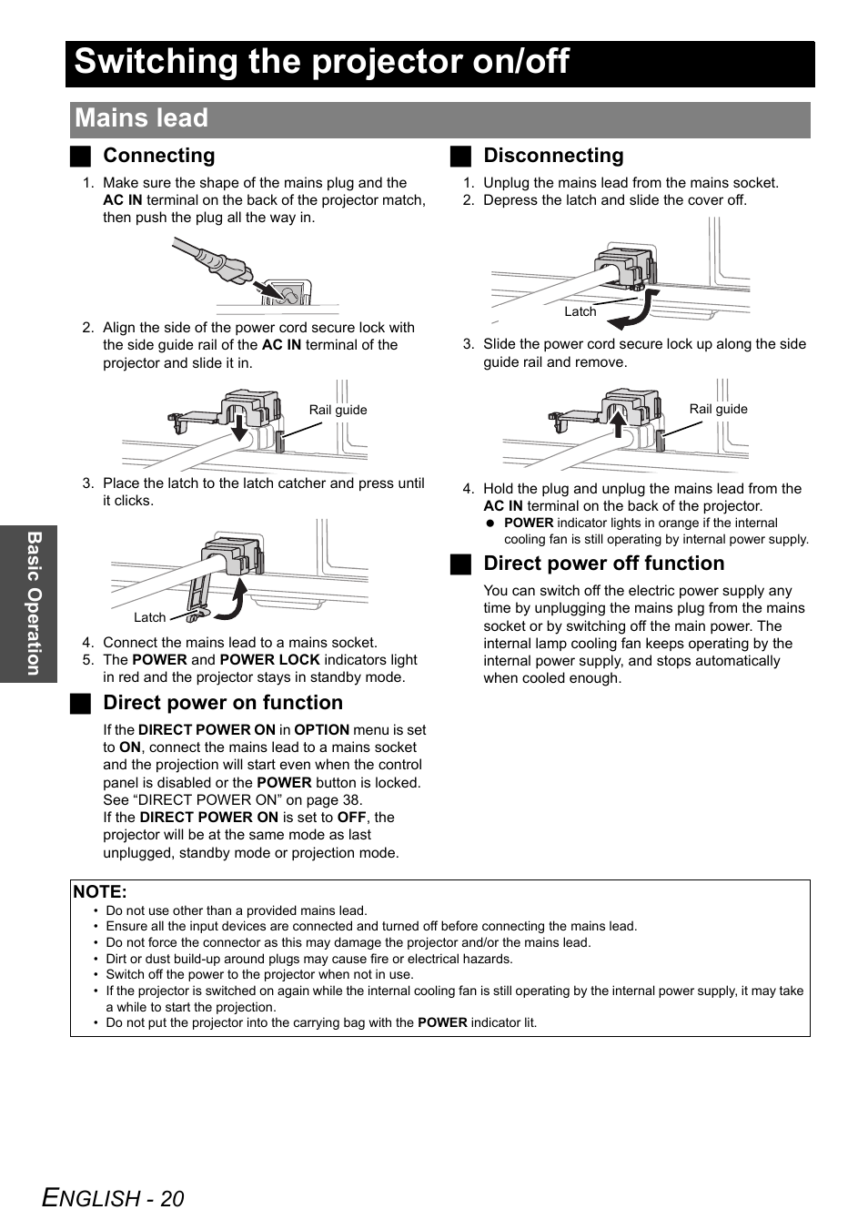 Switching the projector on/off, Mains lead, Nglish - 20 | Jconnecting, Jdirect power on function, Jdisconnecting, Jdirect power off function | Panasonic PT-LW80NTE User Manual | Page 20 / 58