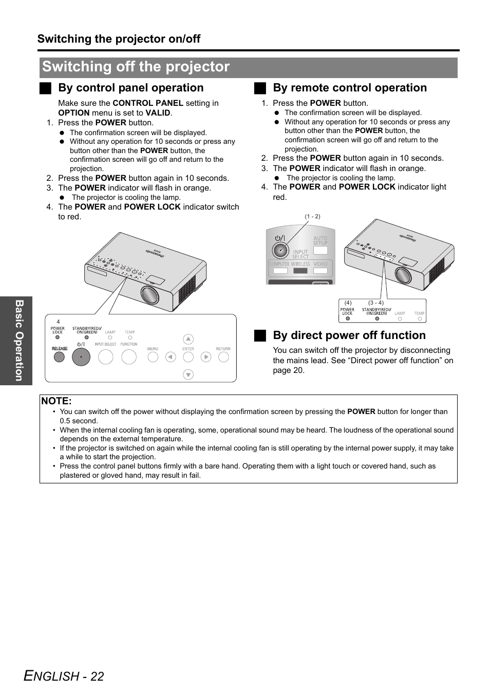 Switching off the projector, Ge 22), Nglish - 22 | Switching the projector on/off, Jby control panel operation, Jby remote control operation, Jby direct power off function, Basi c op eration | Panasonic PT-LW80NTE User Manual | Page 22 / 58