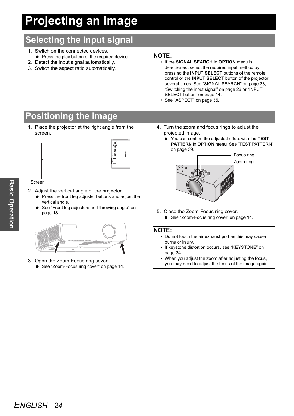 Projecting an image, Selecting the input signal, Positioning the image | Selecting the input signal positioning the image, Nglish - 24 | Panasonic PT-LW80NTE User Manual | Page 24 / 58