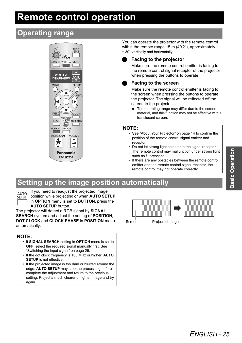 Remote control operation, Operating range, Setting up the image position automatically | Nglish - 25 | Panasonic PT-LW80NTE User Manual | Page 25 / 58