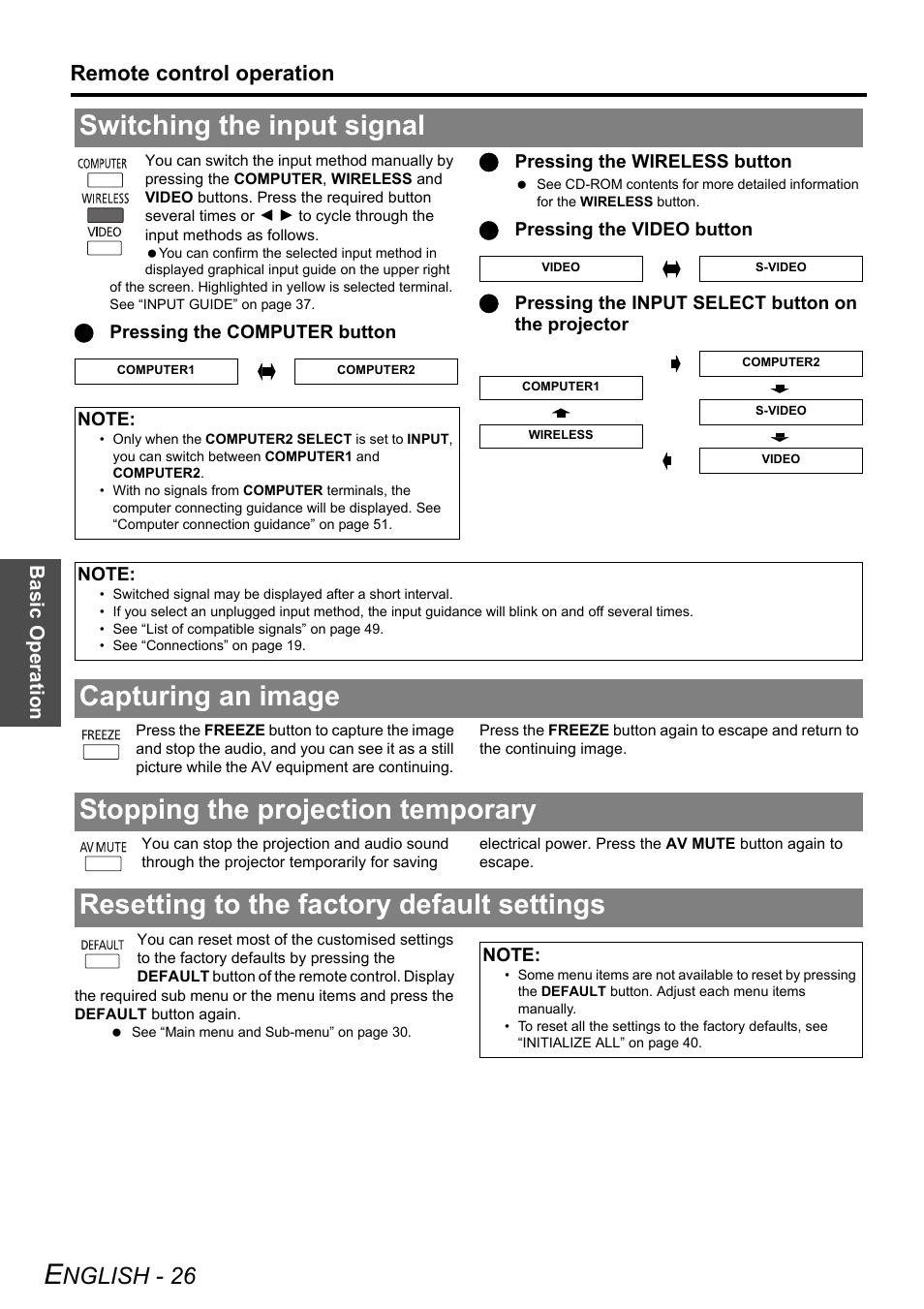 Switching the input signal, Capturing an image, Stopping the projection temporary | Resetting to the factory default settings, Nglish - 26, Remote control operation | Panasonic PT-LW80NTE User Manual | Page 26 / 58
