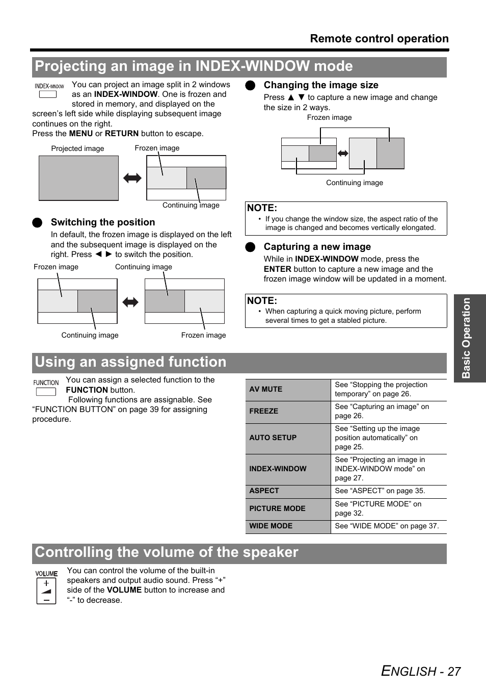 Projecting an image in index-window mode, Using an assigned function, Controlling the volume of the speaker | Nglish - 27, Remote control operation | Panasonic PT-LW80NTE User Manual | Page 27 / 58