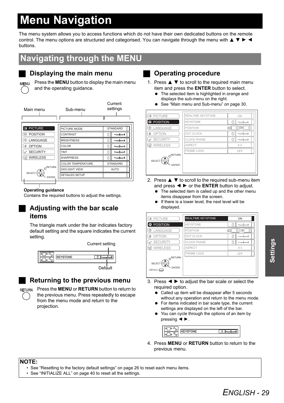 Menu navigation, Navigating through the menu, Nglish - 29 | Jdisplaying the main menu, Jadjusting with the bar scale items, Jreturning to the previous menu, Joperating procedure, Settings | Panasonic PT-LW80NTE User Manual | Page 29 / 58