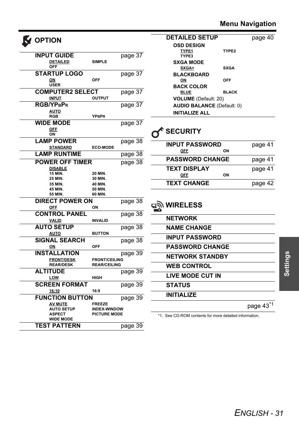 Nglish - 31, Menu navigation, Option security wireless | Settings, Input guide page 37, Startup logo page 37, Computer2 select page 37, Rgb/yp, Page 37, Wide mode page 37 | Panasonic PT-LW80NTE User Manual | Page 31 / 58