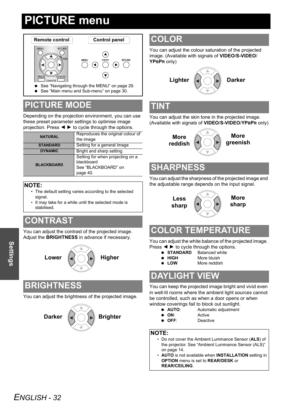 Picture menu, Picture mode, Contrast | Brightness, Color, Tint, Sharpness, Color temperature, Daylight view, Contrast brightness | Panasonic PT-LW80NTE User Manual | Page 32 / 58