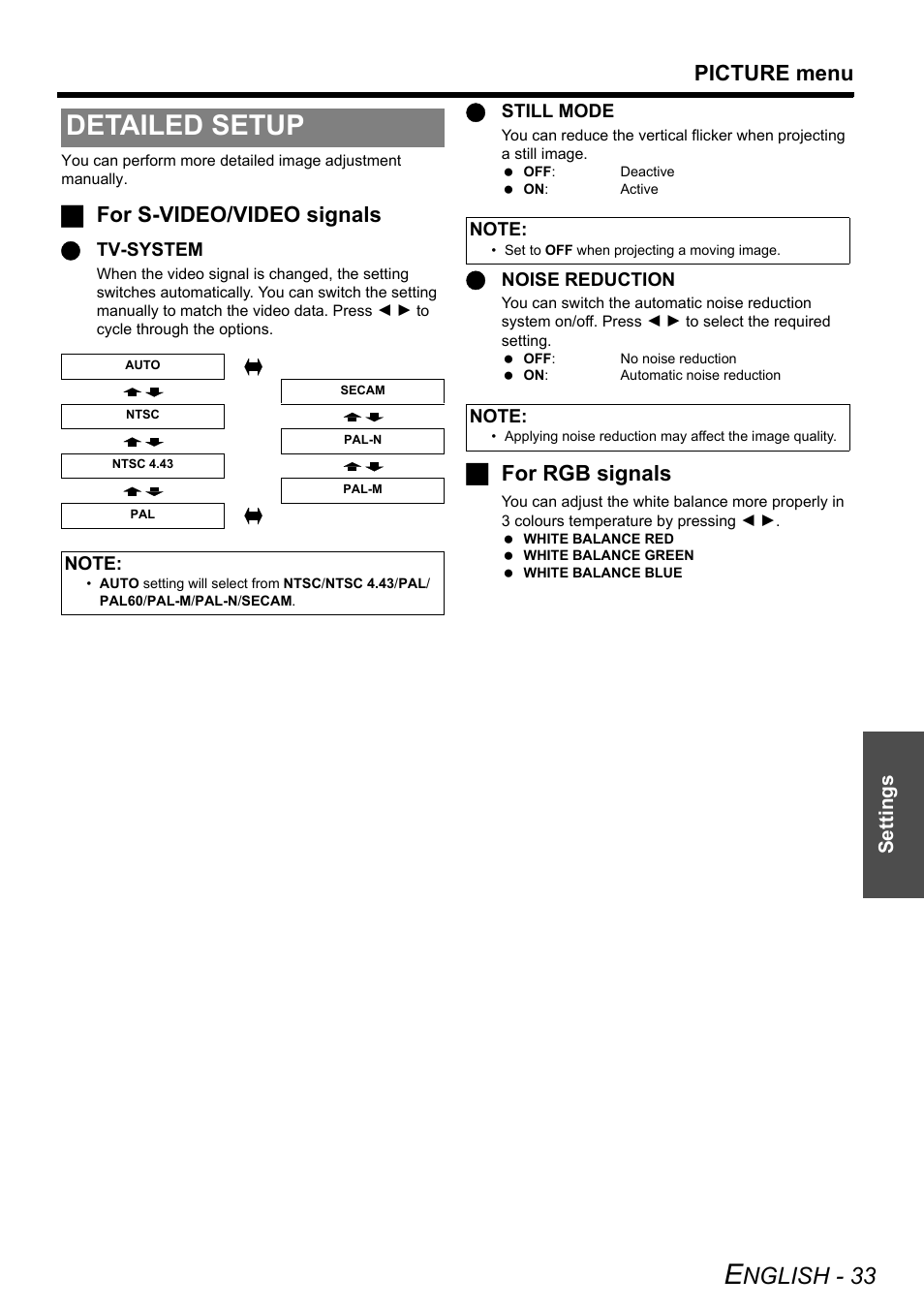 Detailed setup, Nglish - 33, Picture menu | Jfor s-video/video signals, Jfor rgb signals, Settings | Panasonic PT-LW80NTE User Manual | Page 33 / 58