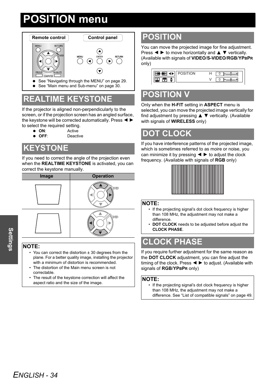 Position menu, Realtime keystone, Keystone | Position, Position v, Dot clock, Clock phase, Rs, see “keystone” on, Realtime keystone keystone, Position position v dot clock | Panasonic PT-LW80NTE User Manual | Page 34 / 58