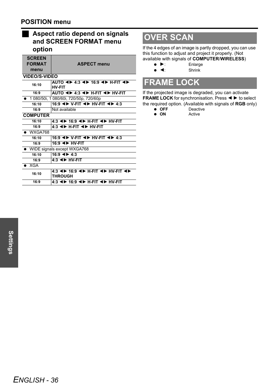 Over scan, Frame lock, Over scan frame lock | Nglish - 36, Position menu, Settings | Panasonic PT-LW80NTE User Manual | Page 36 / 58