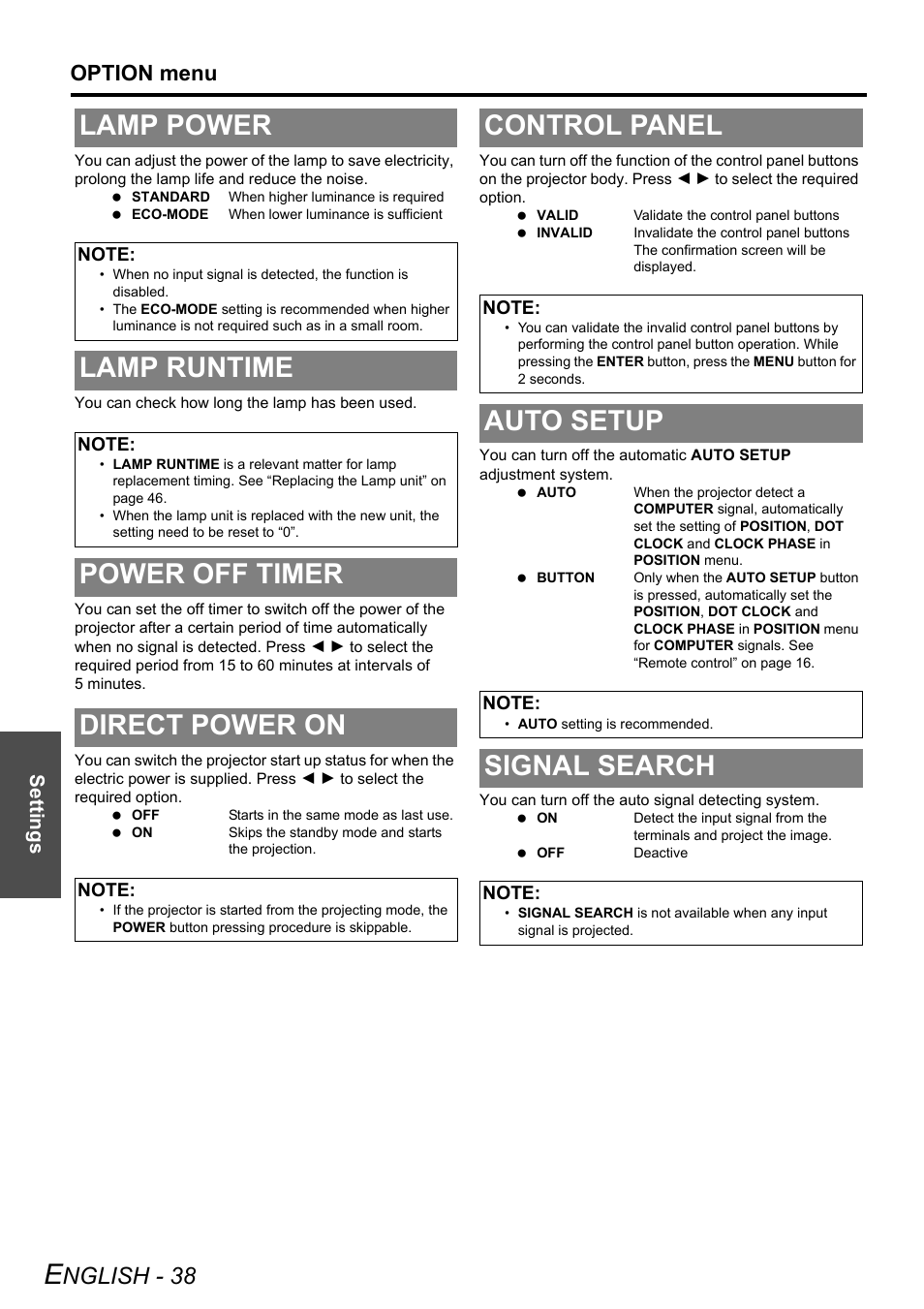 Lamp power, Lamp runtime, Power off timer | Direct power on, Control panel, Auto setup, Signal search, Power off timer direct power on, Nglish - 38, Option menu | Panasonic PT-LW80NTE User Manual | Page 38 / 58