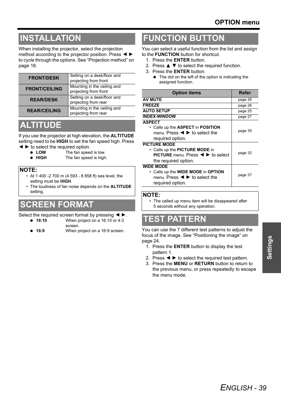 Installation, Altitude, Screen format | Function button, Test pattern, Screen format function button, Nglish - 39, Option menu, Settings | Panasonic PT-LW80NTE User Manual | Page 39 / 58