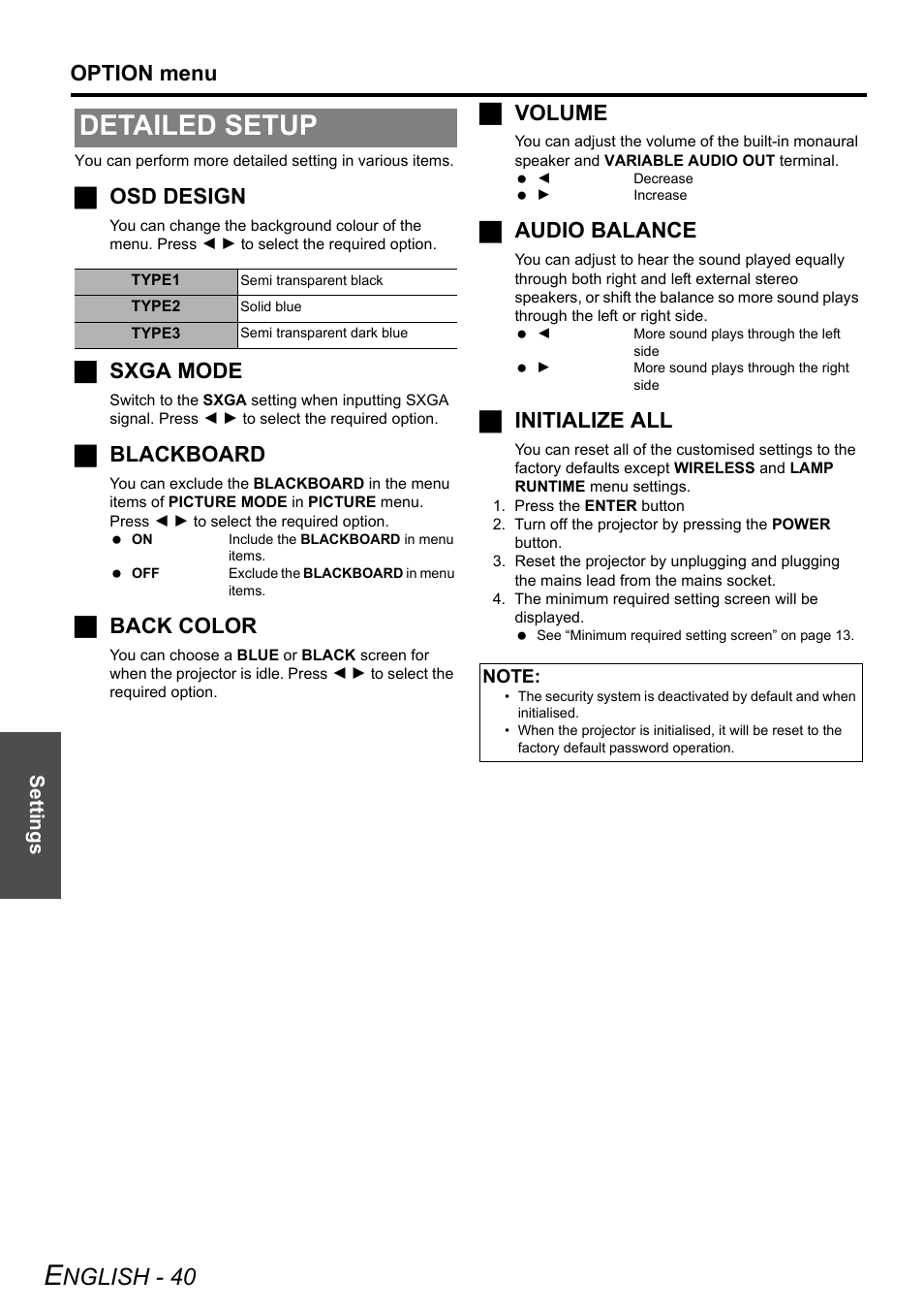 Detailed setup, Nglish - 40, Option menu | Josd design, Jsxga mode, Jblackboard, Jback color, Jvolume, Jaudio balance, Jinitialize all | Panasonic PT-LW80NTE User Manual | Page 40 / 58