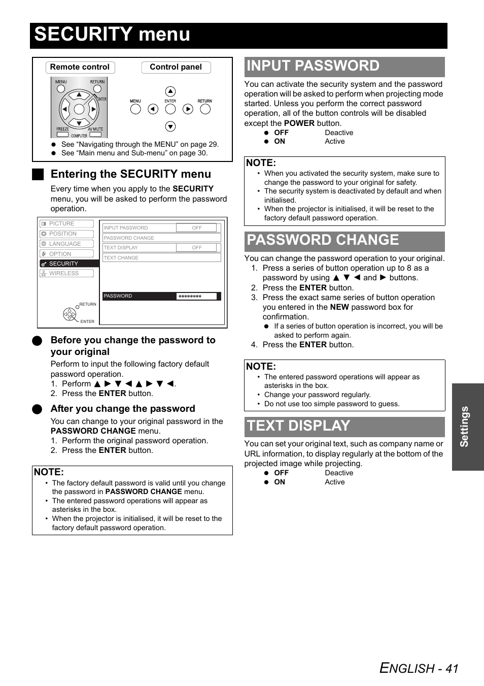 Security menu, Input password, Password change | Text display, Input password password change text display, Nglish - 41, Jentering the security menu, Settings, Qbefore you change the password to your original, Qafter you change the password | Panasonic PT-LW80NTE User Manual | Page 41 / 58
