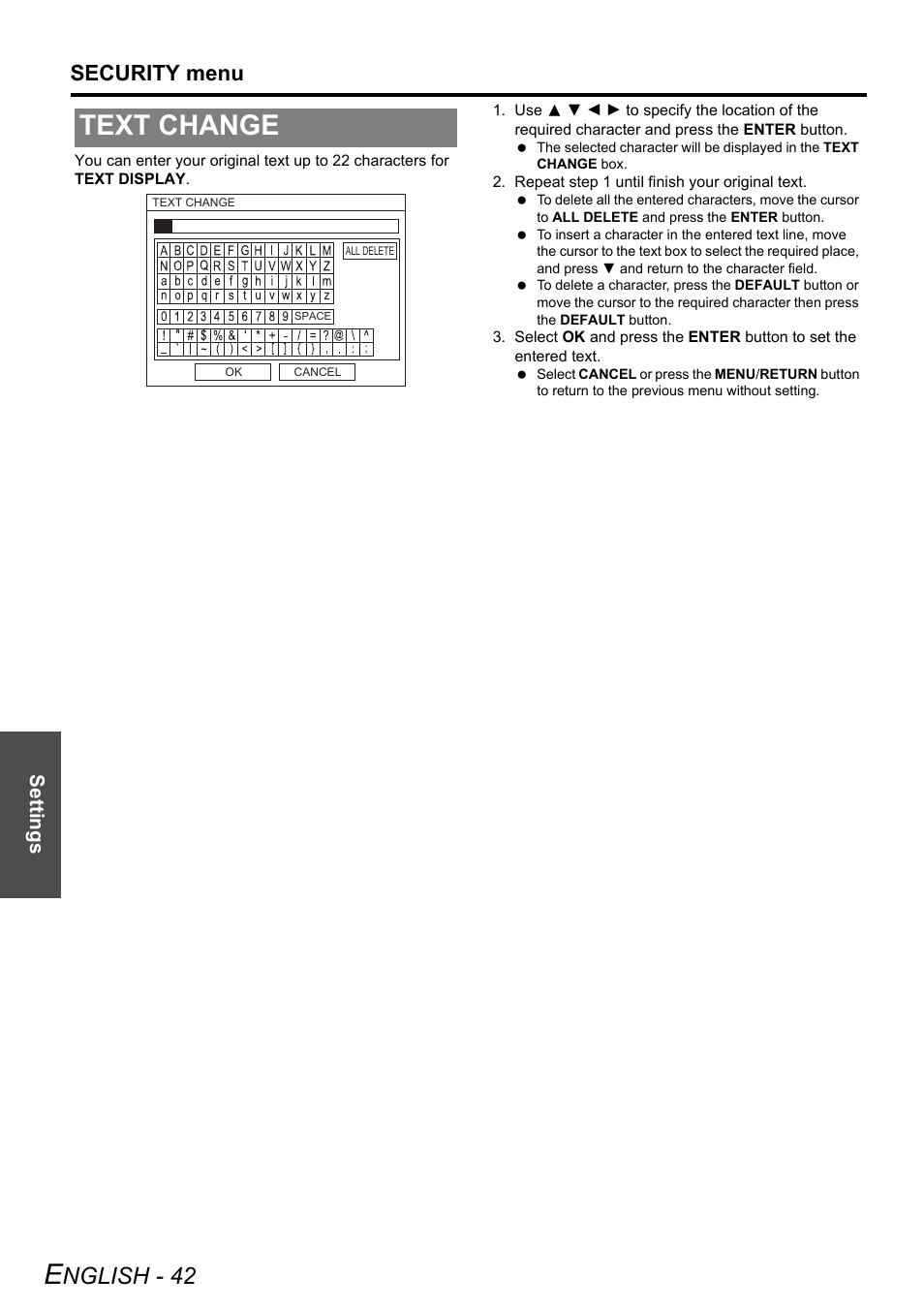 Text change, Nglish - 42, Security menu | Settings | Panasonic PT-LW80NTE User Manual | Page 42 / 58
