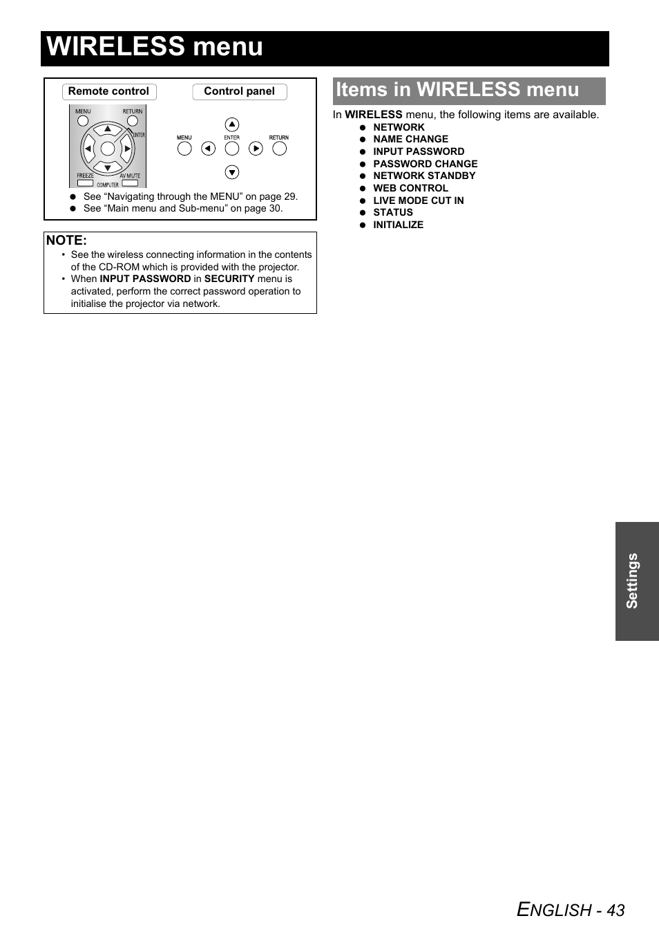 Wireless menu, Items in wireless menu, Nglish - 43 | Settings | Panasonic PT-LW80NTE User Manual | Page 43 / 58