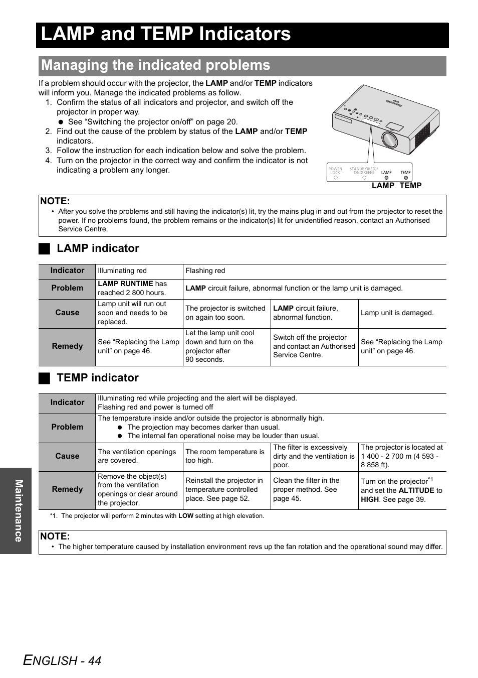 Lamp and temp indicators, Managing the indicated problems, Nglish - 44 | Jlamp indicator j temp indicator, Maintenance | Panasonic PT-LW80NTE User Manual | Page 44 / 58