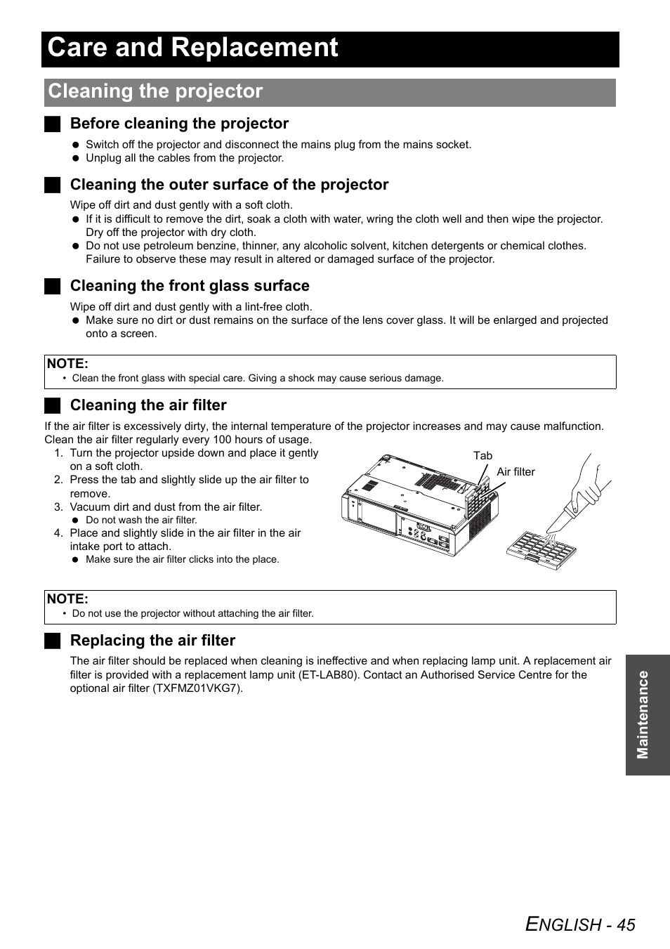 Care and replacement, Cleaning the projector, Nglish - 45 | Jbefore cleaning the projector, Jcleaning the outer surface of the projector, Jcleaning the front glass surface, Jcleaning the air filter, Jreplacing the air filter | Panasonic PT-LW80NTE User Manual | Page 45 / 58