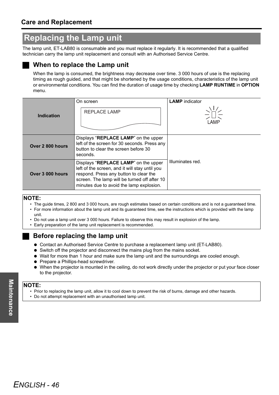 Replacing the lamp unit, Nglish - 46, Care and replacement | Jwhen to replace the lamp unit, Jbefore replacing the lamp unit | Panasonic PT-LW80NTE User Manual | Page 46 / 58