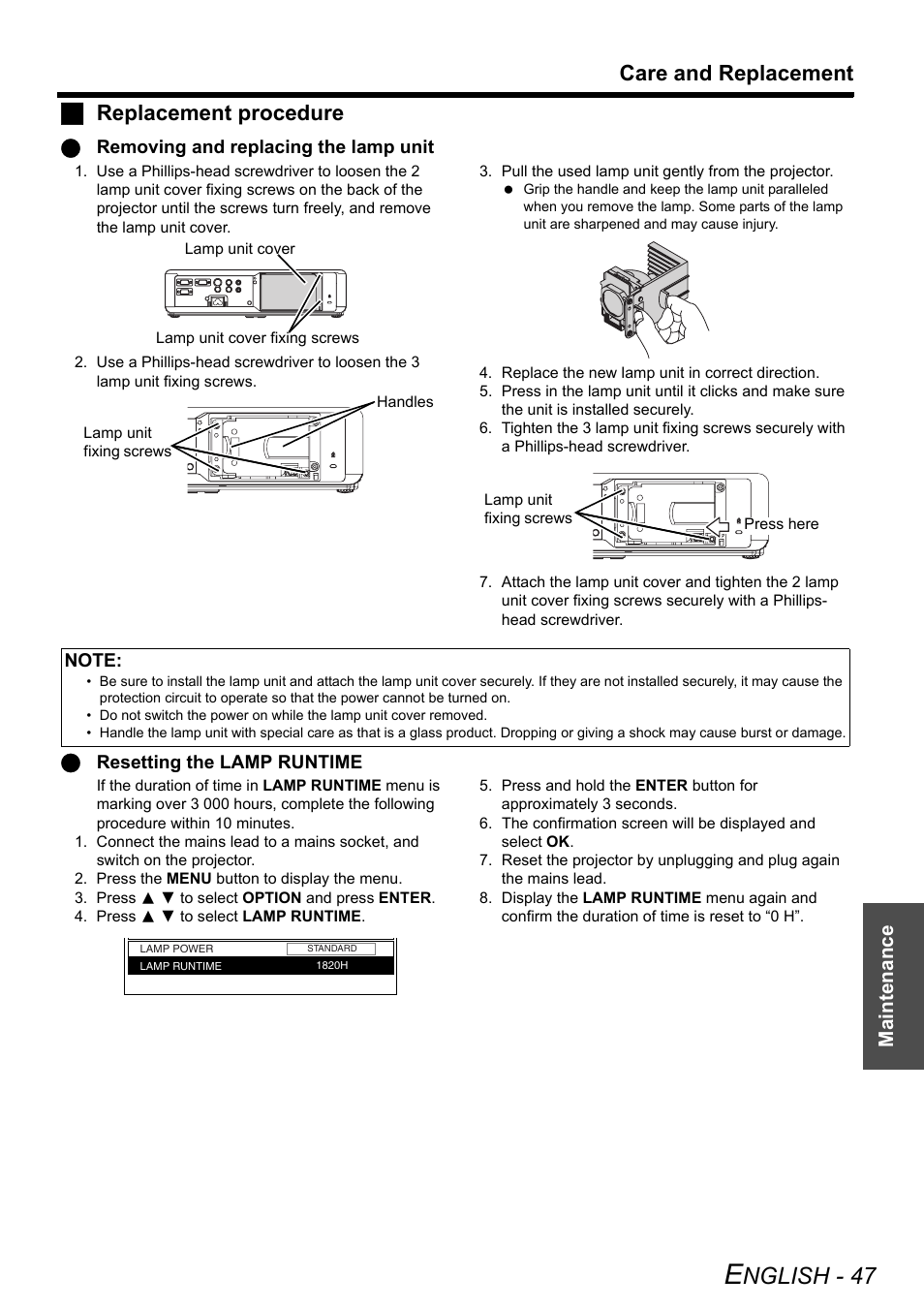 Nglish - 47, Care and replacement, Jreplacement procedure | Maintenance | Panasonic PT-LW80NTE User Manual | Page 47 / 58