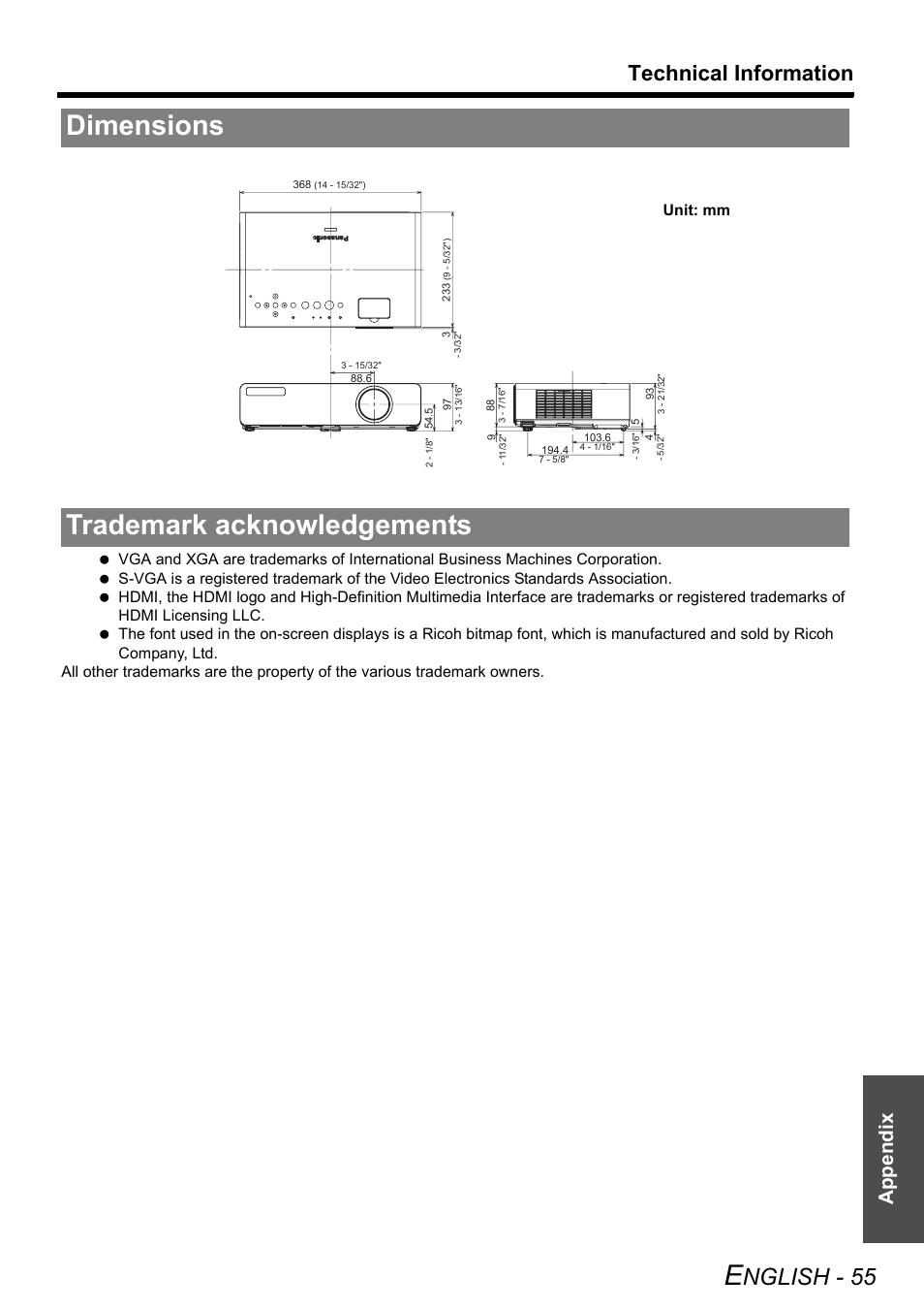 Dimensions, Trademark acknowledgements, Dimensions trademark acknowledgements | Nglish - 55, Technical information, Appendix | Panasonic PT-LW80NTE User Manual | Page 55 / 58