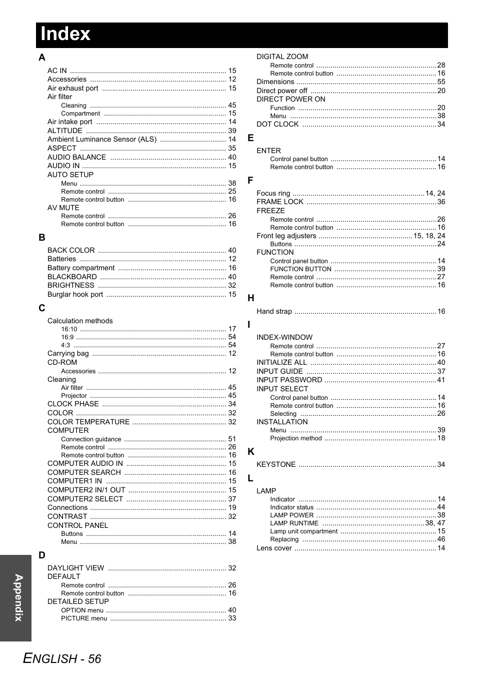 Index, Nglish - 56, Appendix | Panasonic PT-LW80NTE User Manual | Page 56 / 58