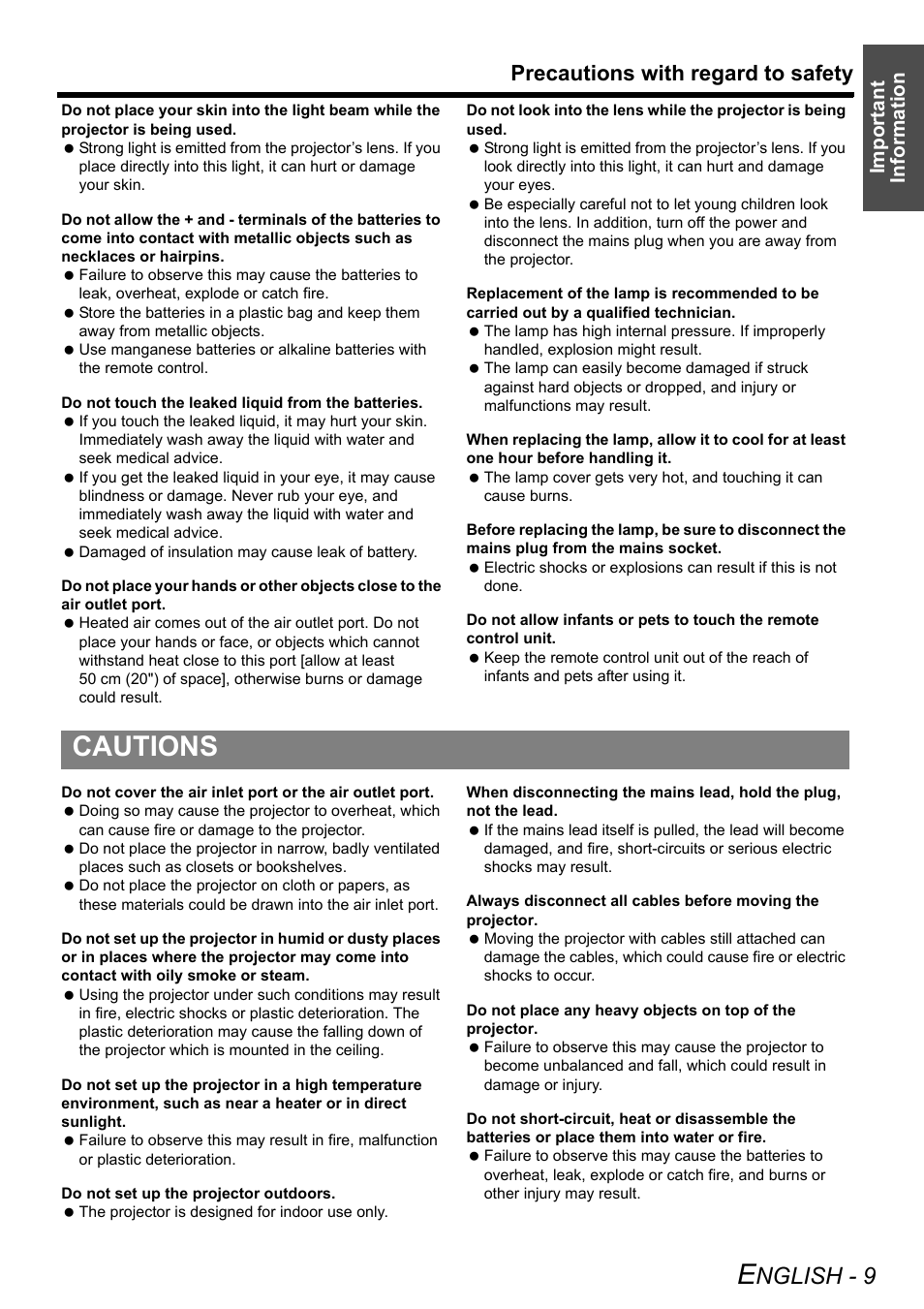 Cautions, Nglish - 9, Precautions with regard to safety | Important information | Panasonic PT-LW80NTE User Manual | Page 9 / 58