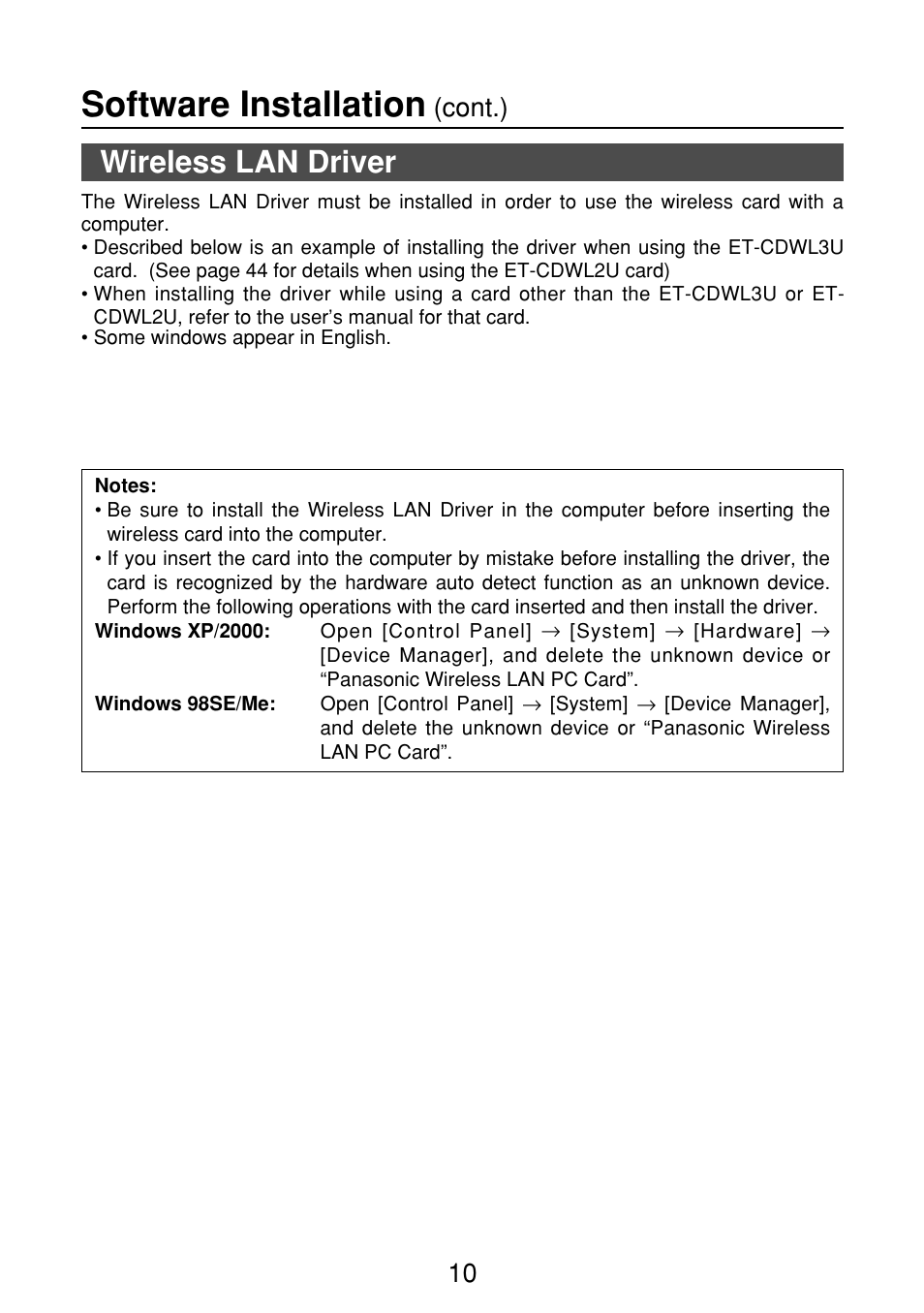 Wireless lan driver, Software installation, Cont.) | Panasonic FT-LB10NTU User Manual | Page 10 / 57