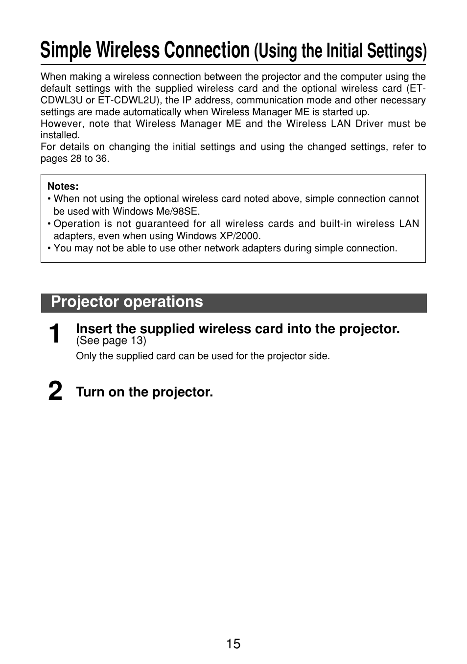 Projector operations, Simple wireless connection, Using the initial settings) | Panasonic FT-LB10NTU User Manual | Page 15 / 57