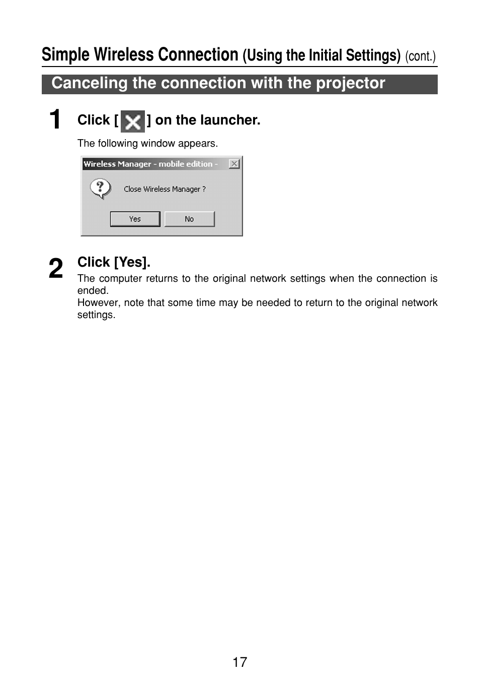 Canceling the connection with the projector, Simple wireless connection | Panasonic FT-LB10NTU User Manual | Page 17 / 57