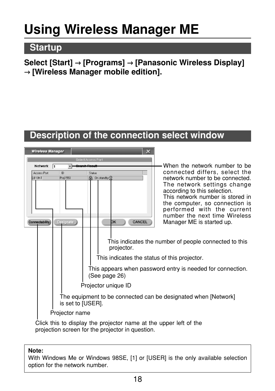 Using wireless manager me, Startup, Description of the connection select window | Select [start, Programs, Panasonic wireless display, Wireless manager mobile edition | Panasonic FT-LB10NTU User Manual | Page 18 / 57