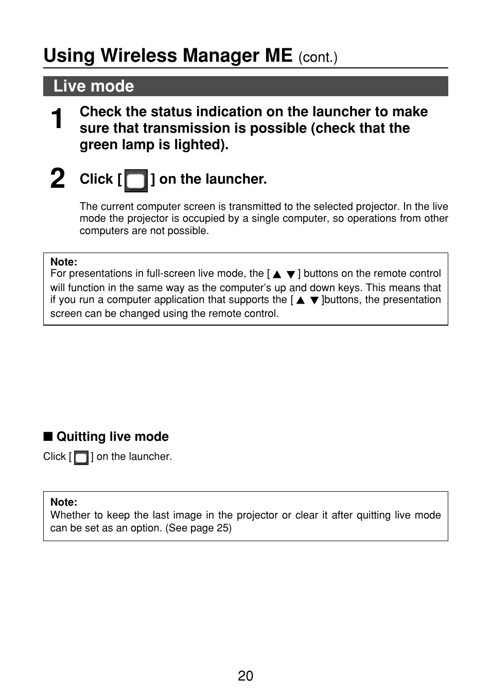 Live mode, Quitting live mode, Using wireless manager me | Panasonic FT-LB10NTU User Manual | Page 20 / 57