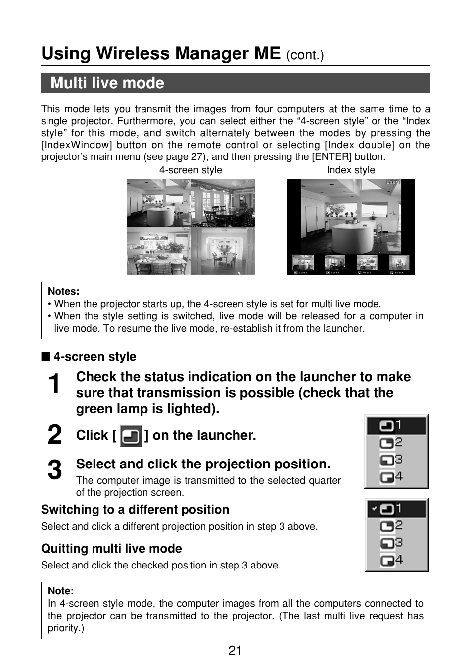 Multi live mode, Screen style, Using wireless manager me | Panasonic FT-LB10NTU User Manual | Page 21 / 57