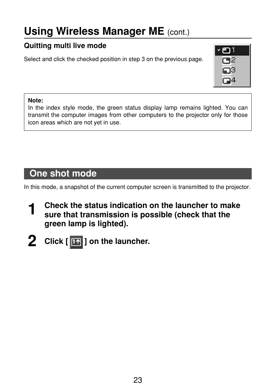 One shot mode, Using wireless manager me | Panasonic FT-LB10NTU User Manual | Page 23 / 57