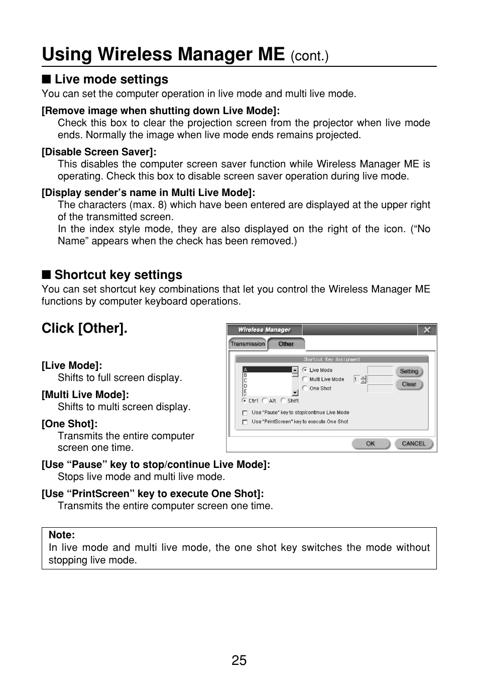 Live mode settings, Shortcut key settings, Using wireless manager me | Click [other, Cont.) | Panasonic FT-LB10NTU User Manual | Page 25 / 57