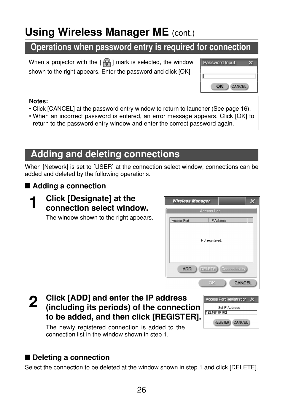 Adding and deleting connections, Adding a connection, Deleting a connection | Using wireless manager me | Panasonic FT-LB10NTU User Manual | Page 26 / 57