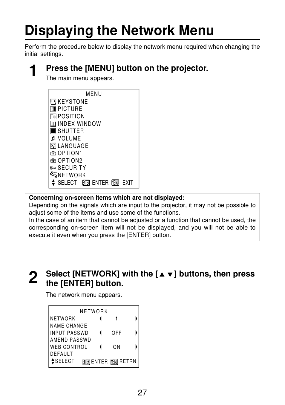 Displaying the network menu | Panasonic FT-LB10NTU User Manual | Page 27 / 57