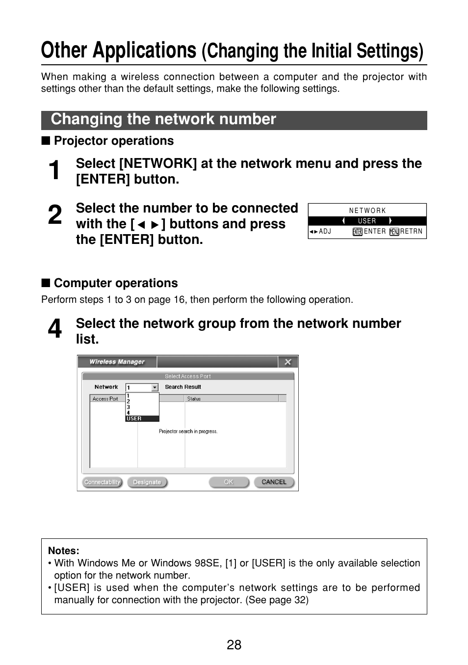 Other applications (changing the initial settings), Changing the network number, Projector operations | Computer operations, Other applications, Changing the initial settings) | Panasonic FT-LB10NTU User Manual | Page 28 / 57