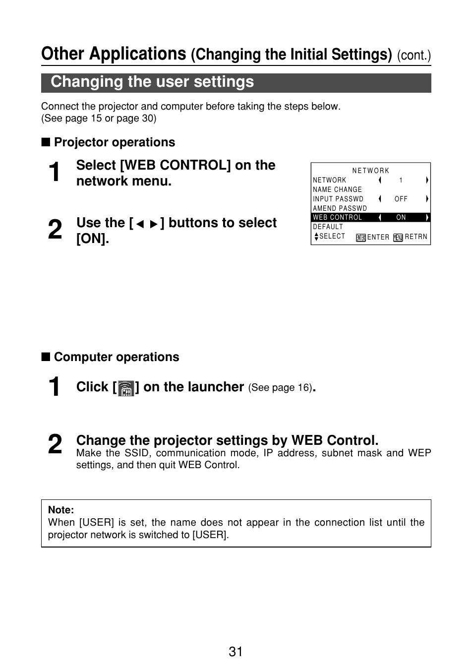 Changing the user settings, Projector operations, Computer operations | Other applications, Changing the initial settings) | Panasonic FT-LB10NTU User Manual | Page 31 / 57