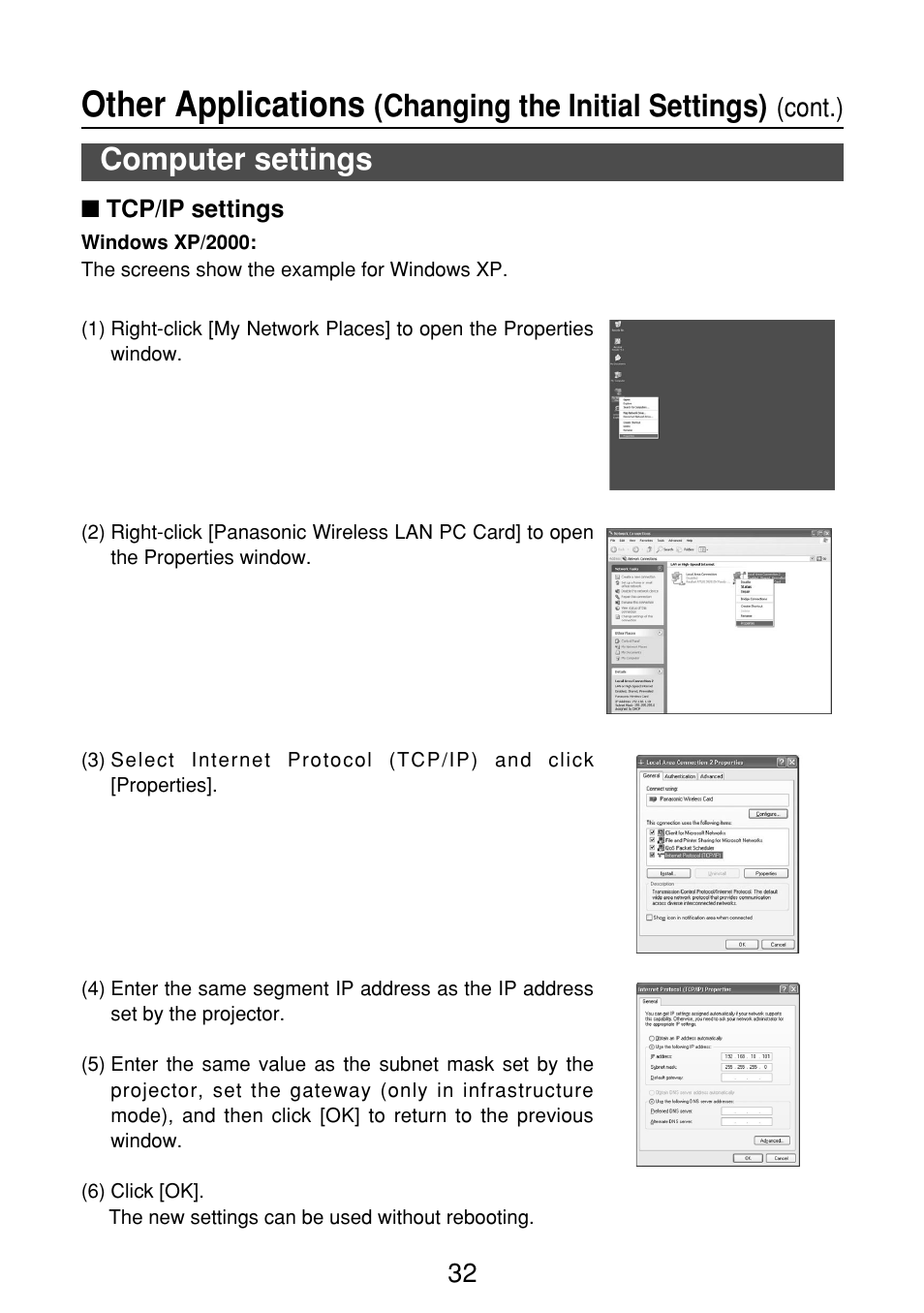 Computer settings, Tcp/ip settings, Other applications | Changing the initial settings), Cont.) | Panasonic FT-LB10NTU User Manual | Page 32 / 57