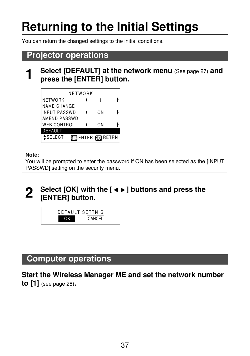 Returning to the initial settings, Projector operations, Computer operations | Panasonic FT-LB10NTU User Manual | Page 37 / 57