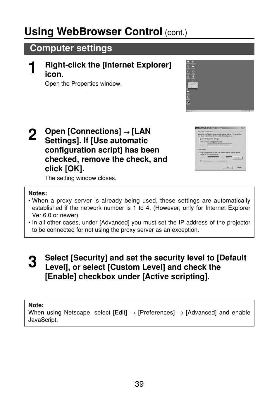 Computer settings, Using webbrowser control | Panasonic FT-LB10NTU User Manual | Page 39 / 57