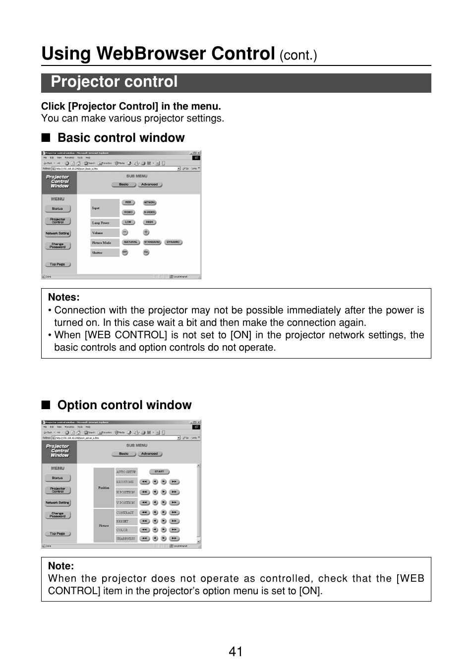 Projector control, Basic control window, Option control window | Using webbrowser control | Panasonic FT-LB10NTU User Manual | Page 41 / 57