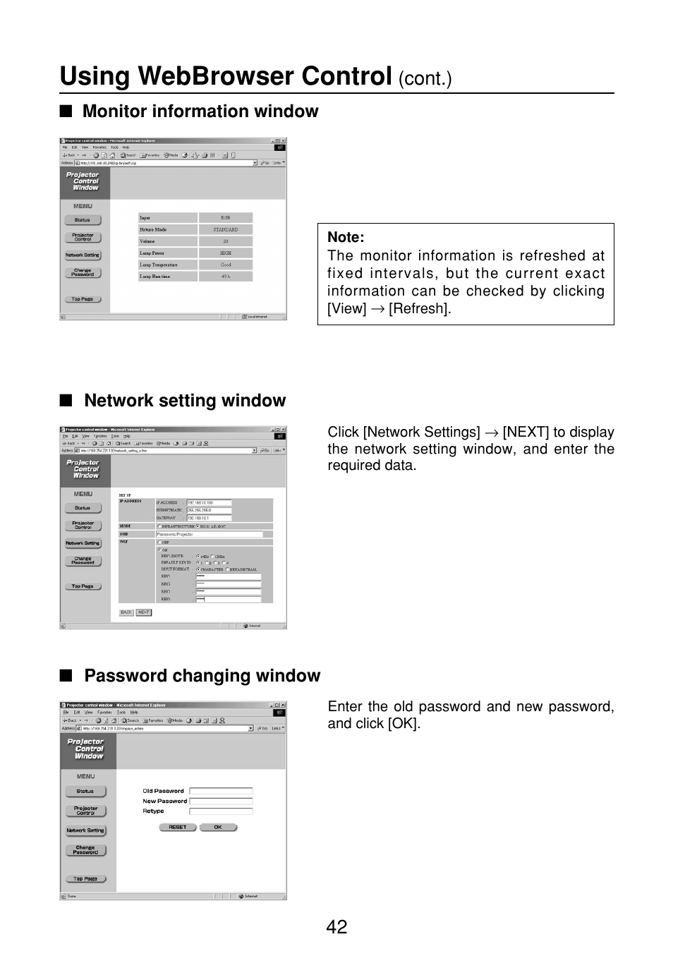 Monitor information window, Network setting window, Password changing window | Using webbrowser control | Panasonic FT-LB10NTU User Manual | Page 42 / 57