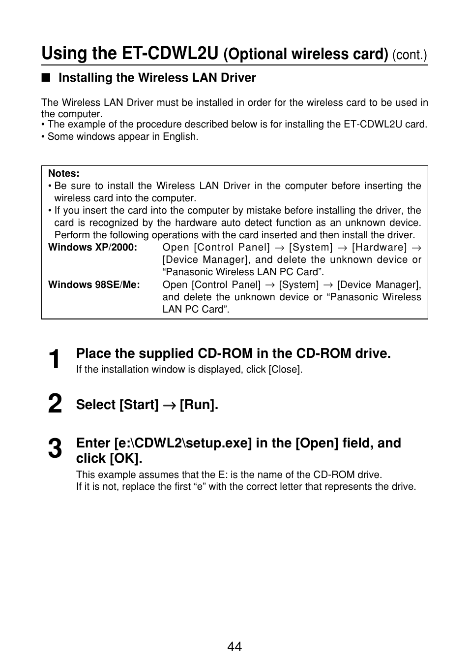 Installing the wireless lan driver, Using the et-cdwl2u, Optional wireless card) | Panasonic FT-LB10NTU User Manual | Page 44 / 57