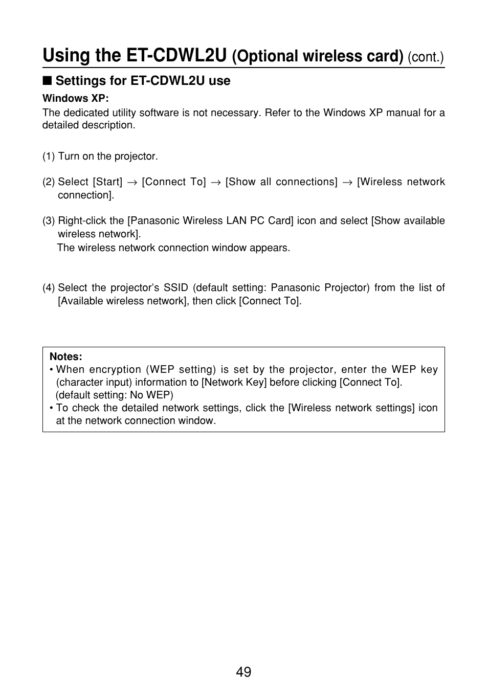 Settings for et-cdwl2u use, Using the et-cdwl2u, Optional wireless card) | Cont.) | Panasonic FT-LB10NTU User Manual | Page 49 / 57