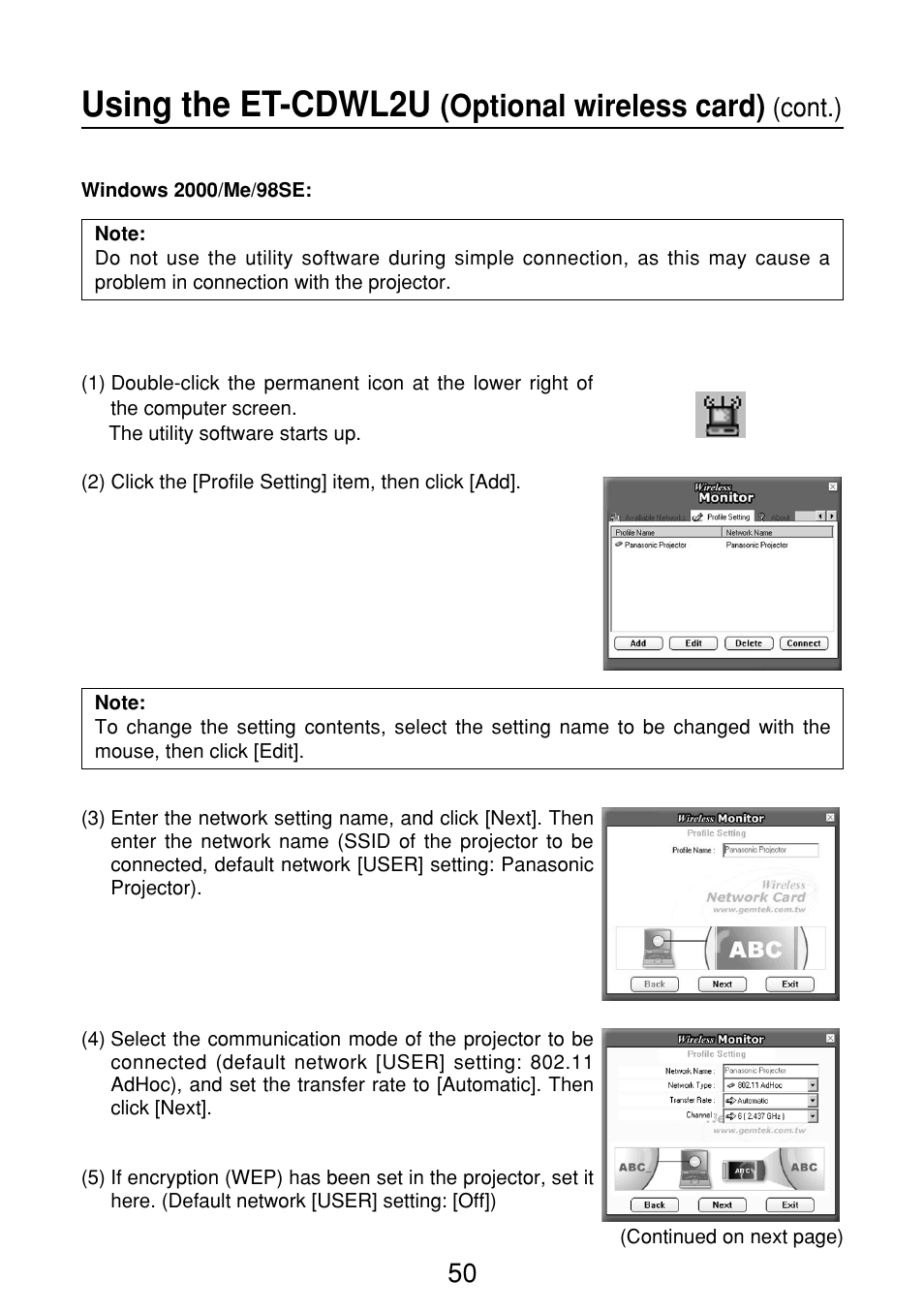 Using the et-cdwl2u, Optional wireless card), Cont.) | Panasonic FT-LB10NTU User Manual | Page 50 / 57