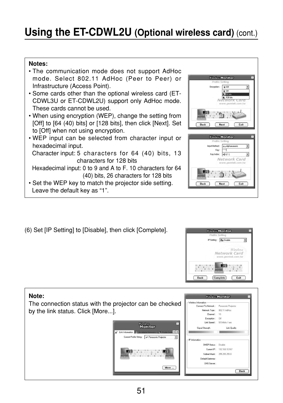 Using the et-cdwl2u, Optional wireless card), Cont.) | Panasonic FT-LB10NTU User Manual | Page 51 / 57