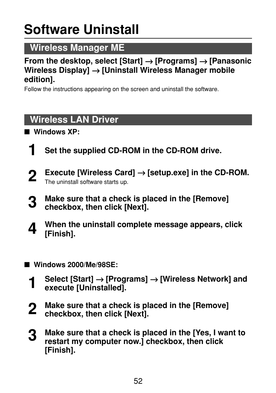 Software uninstall, Wireless manager me, Wireless lan driver | Panasonic FT-LB10NTU User Manual | Page 52 / 57