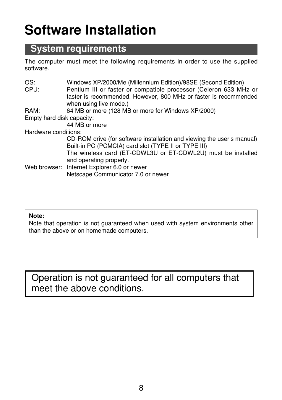 Software installation, System requirements | Panasonic FT-LB10NTU User Manual | Page 8 / 57