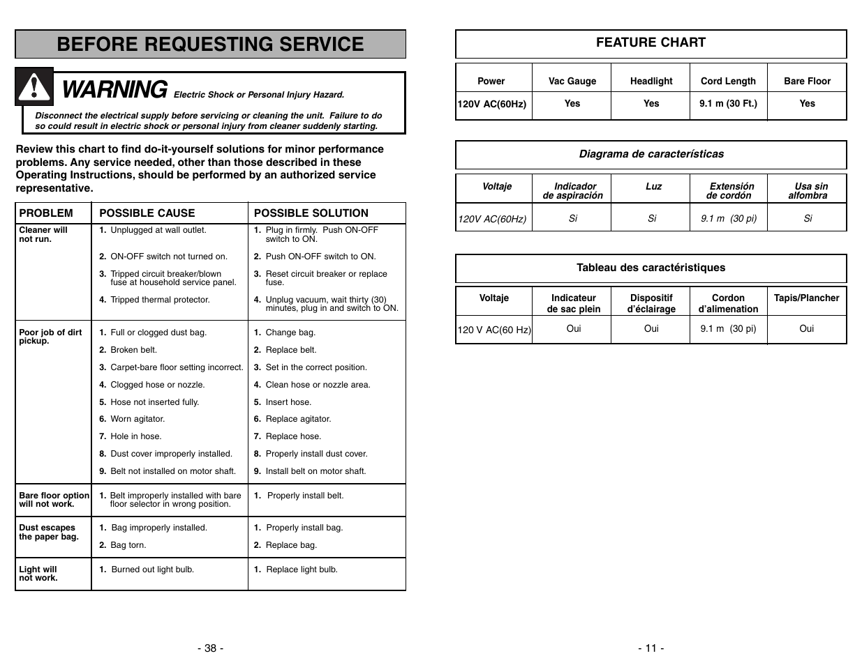 Feature chart, Diagrama de caracteristicas, Tableau des caracteristiques | Warning, Before requesting service | Panasonic MC-V5278 User Manual | Page 11 / 48