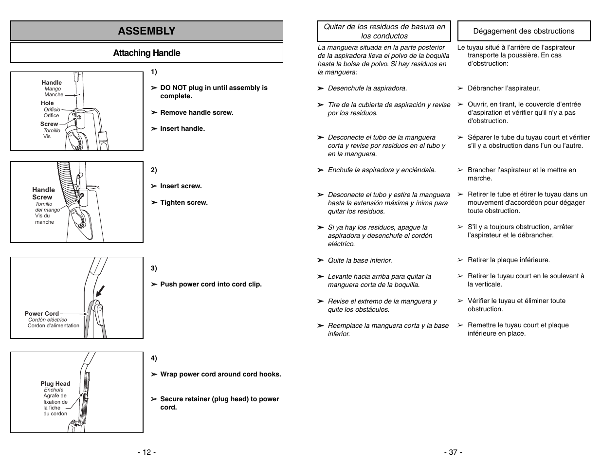 Assembly, Attaching handle | Panasonic MC-V5278 User Manual | Page 12 / 48